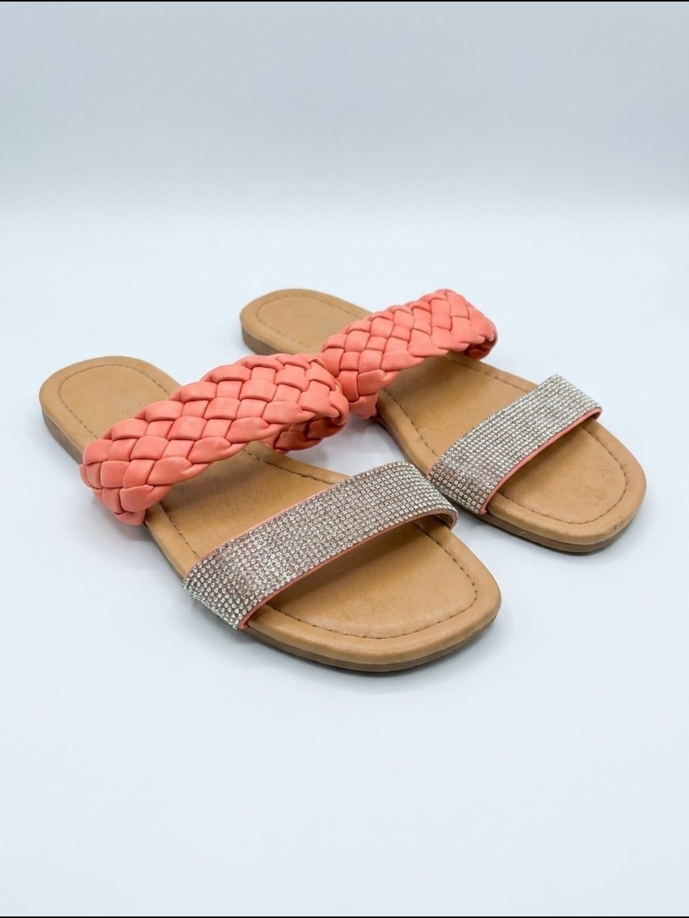 Qupid Coral Braided Rhinestone Slide Sandals Size 8